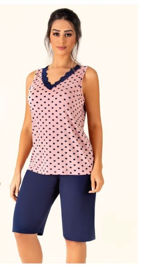 Imagem de Pijama Plus Size Regata Decote V Com Renda e Bermuda  Bocejinho Cor Azul Com Poá